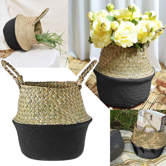 Seagrass Wicker Folding Storage Basket, Handmade Decorative Plant Pot Basket for Home Decor, 20.1 x 22.1 cm