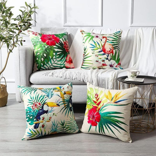 4 Pack Waterproof Outdoor Cushion Covers Tropical Plant Flower Bird Pattern for Patio Sofa, 45 x 45cm