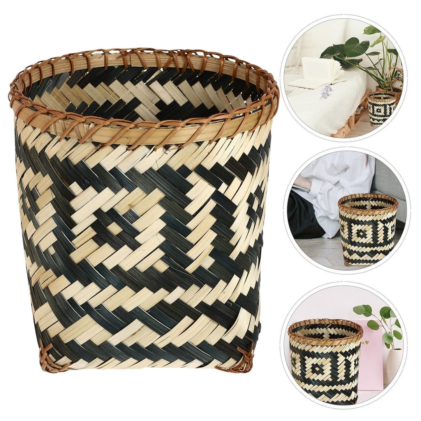 Bamboo Woven Trash Can Wicker Waste Basket Office Garbage Cans Round Waste Paper Bin Rubbish Basket Plant Flower Pot for Under