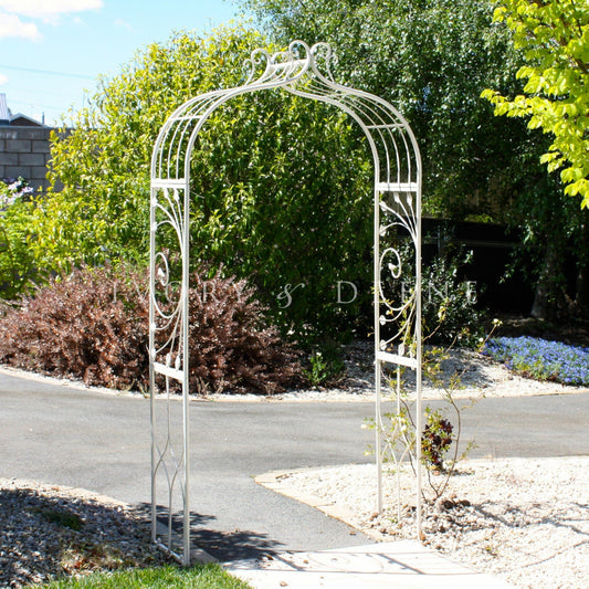 Ornate Metal Garden Arch - Distressed Cream