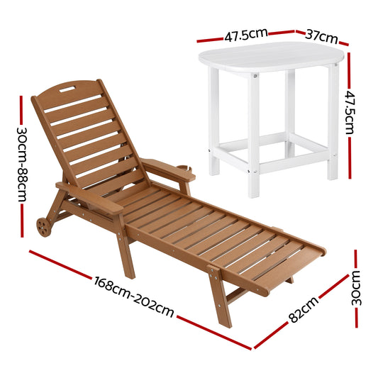 Gardeon Sun Lounge Lounger Table and Chairs Beach Chair HDPE Patio Outdoor Furniture Wheels Brown