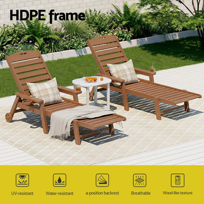 Gardeon Sun Lounge Lounger Table and Chairs Beach Chair HDPE Patio Outdoor Furniture Wheels Brown
