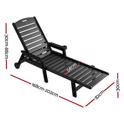 Gardeon Sun Lounge Lounger Beach Chair HDPE Patio Outdoor Furniture with Wheels Black
