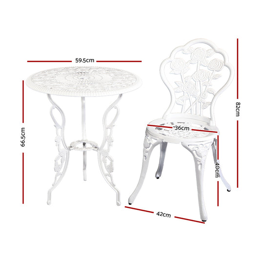 Gardeon 3PC Outdoor Setting Bistro Set Chairs Table Cast Aluminum Patio Furniture Rose White
