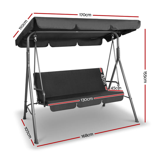 Gardeon Outdoor Swing Chair Garden Chair Bench Furniture Canopy 3 Seater Black