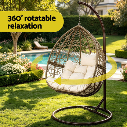 Gardeon Outdoor Egg Swing Chair Wicker Rattan Furniture Pod Stand Cushion Latte