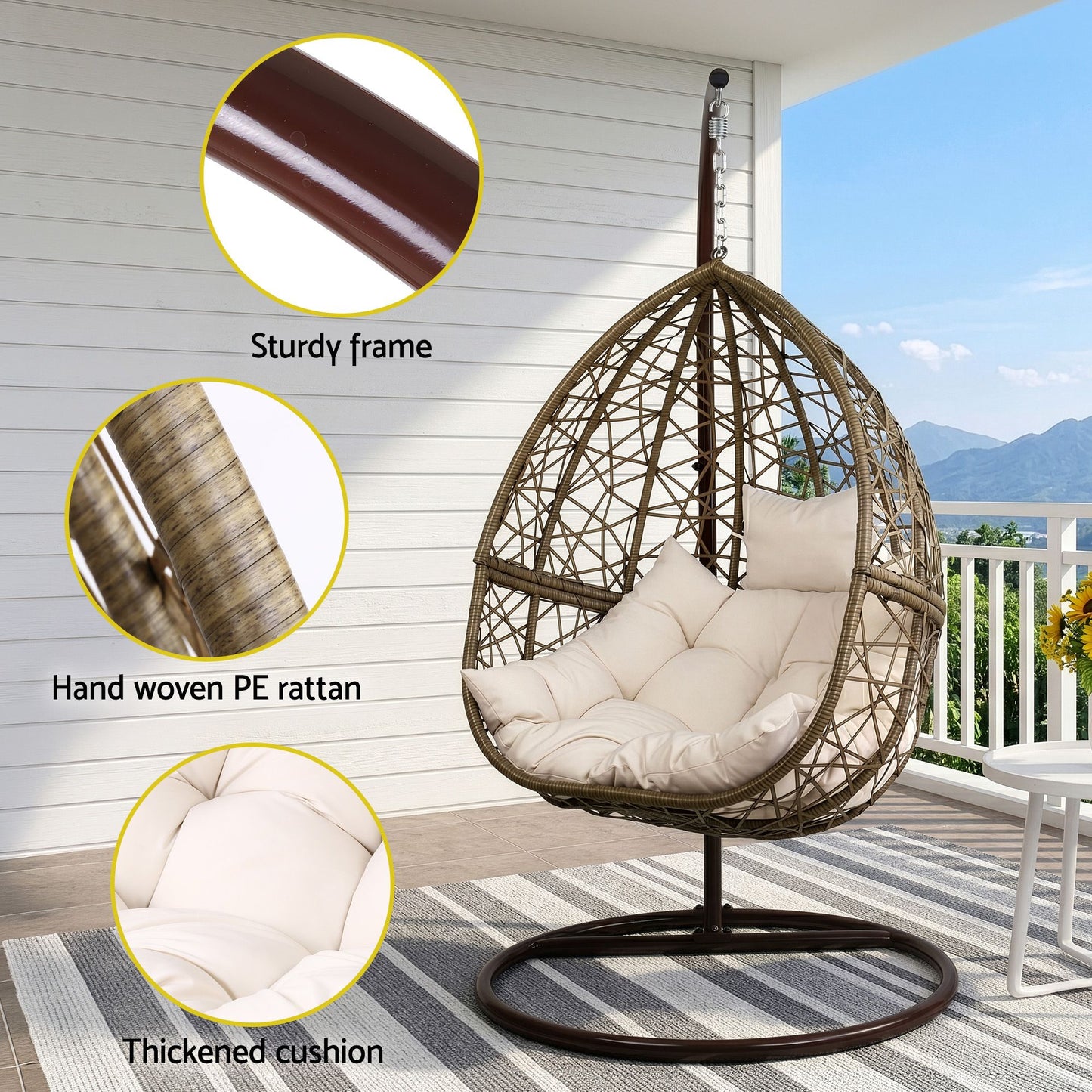 Gardeon Outdoor Egg Swing Chair Wicker Rattan Furniture Pod Stand Cushion Latte