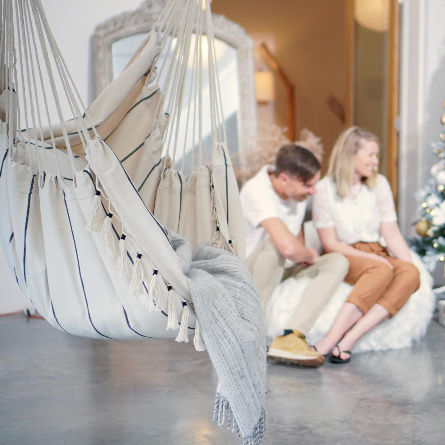 Soho Pinstripe Hanging Hammock Chair with Matching Cushions - Cream