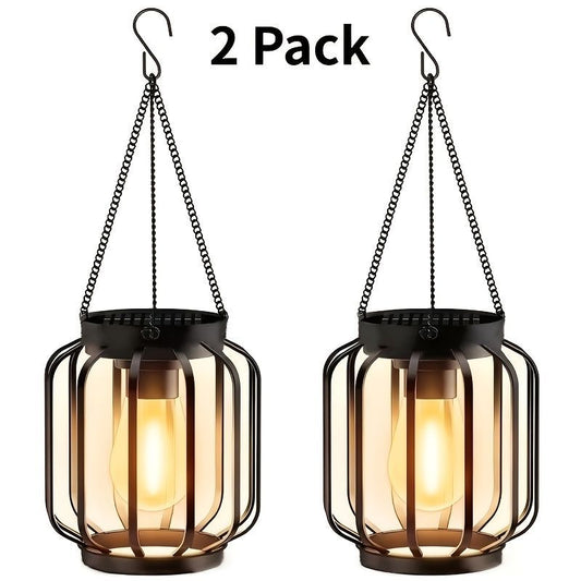 solar outdoor hanging lanterns, metal lanterns for garden, outdoor lighting decor, warm light lanterns, solar-powered lanterns, Australian outdoor lighting, patio solar lights, garden lanterns, eco-friendly outdoor lights - Black - Size 2PCS
