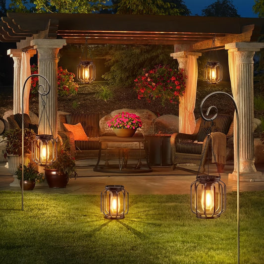 solar outdoor hanging lanterns, metal lanterns for garden, outdoor lighting decor, warm light lanterns, solar-powered lanterns, Australian outdoor lighting, patio solar lights, garden lanterns, eco-friendly outdoor lights - Black - Size 2PCS