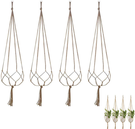4 pieces - Plant hanger - 90 cm - Plant hanger for flower pot - Flower pot hanger - Macrame plant hanger - Planters - Hanging pot - Jute canvas hanging decorations - for indoors and outdoors - For balconies, wall decoration - brown