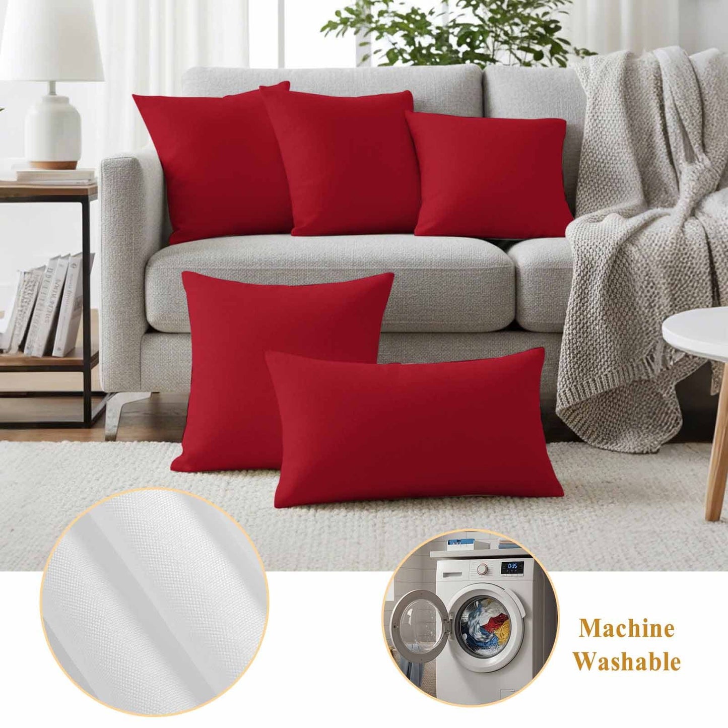 Outdoor Pillow Covers 20"x20" Set of 2, Plain Waterproof Throw Pillow Covers for Patio Furniture, Decorative Cushion Covers, Red