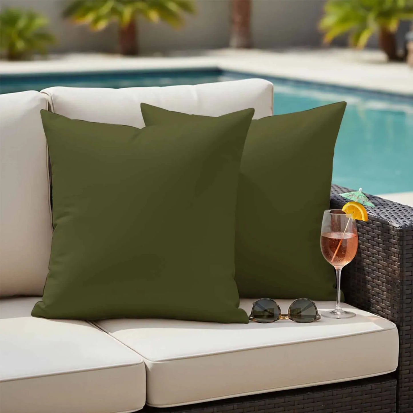 Olive Outdoor Pillow Covers 24"x24" Set of 2, Plain Waterproof Throw Pillow Covers for Patio Sofa Furniture, Decorative Cushions, Green, Olive Green