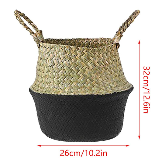 Seagrass Wicker Folding Storage Basket, Handmade Decorative Plant Pot Basket for Home Decor, 25.9 x 32 cm