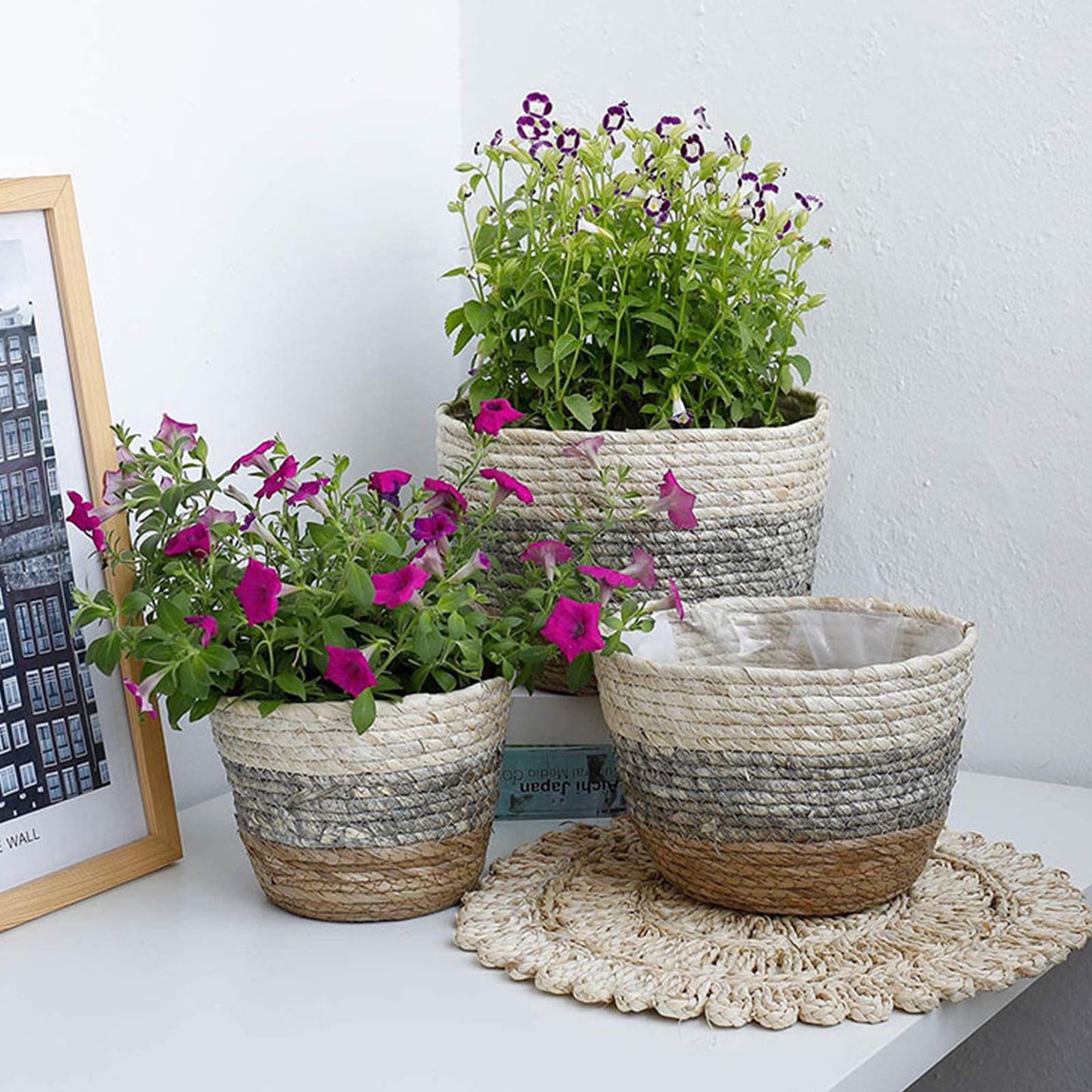 Woven Seagrass Plant Basket, Flower Pots Home Boho Decor, Storage Picnic Grocery Straw Bag for Plant Artificial Tree - 5.5"×8.7"×6.3 B