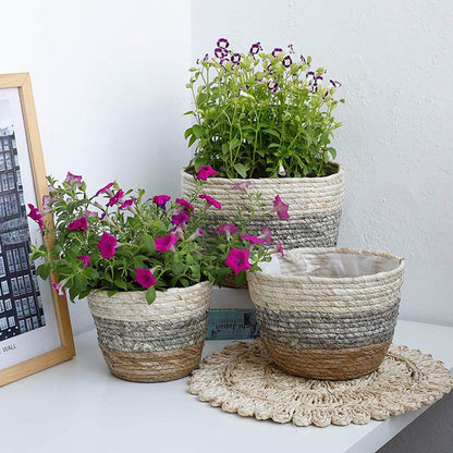 Woven Seagrass Plant Basket, Flower Pots Home Boho Decor, Storage Picnic Grocery Straw Bag for Plant Artificial Tree - 5.5"×8.7"×6.3 C