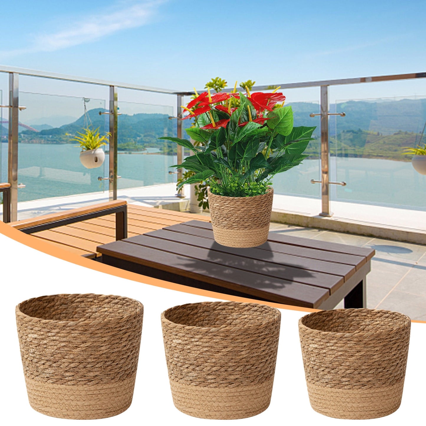 Woven Seagrass Plant Basket, Flower Pots Home Boho Decor, Storage Picnic Grocery Straw Bag for Plant Artificial Tree - 5.5"×8.7"×6.3 E