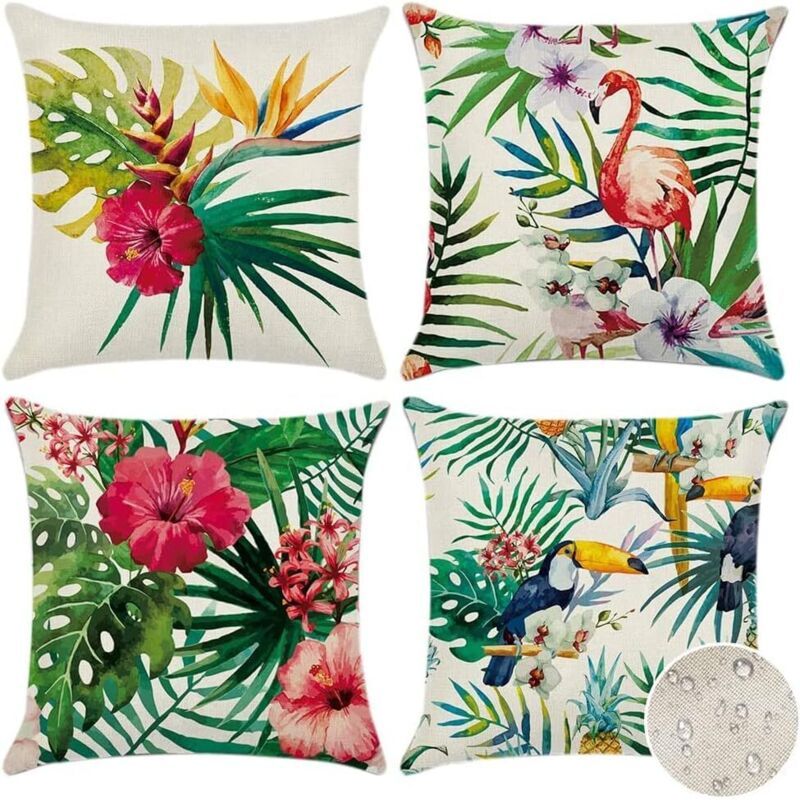 4 Pack Waterproof Outdoor Cushion Covers Tropical Plant Flower Bird Pattern for Patio Sofa, 45 x 45cm