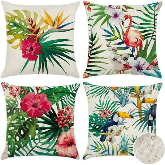 4 Pack Waterproof Outdoor Cushion Covers Tropical Plant Flower Bird Pattern for Patio Sofa, 45 x 45cm