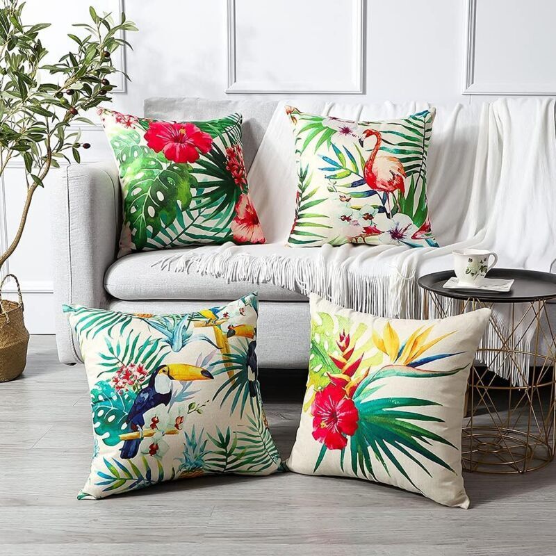 4 Pack Waterproof Outdoor Cushion Covers Tropical Plant Flower Bird Pattern for Patio Sofa, 45 x 45cm