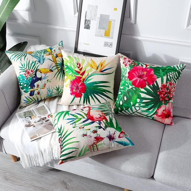 4 Pack Waterproof Outdoor Cushion Covers Tropical Plant Flower Bird Pattern for Patio Sofa, 45 x 45cm