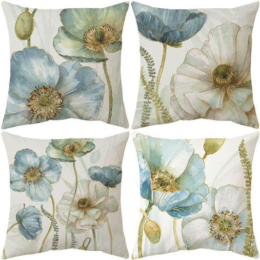 4 Pack Outdoor Cushion Cover, Waterproof Yellow and Blue Flowers Pattern Sofa Pillowcase for Patio Garden Living Room Bedroom Decoration, 45 x 45cm