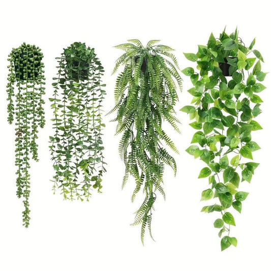 4 Pack Realistic Artificial Trailing Hanging Plants – Silver Dollar Eucalyptus, String of Pearls Succulent, Lush Boston Fern & Heart Leaf Pothos, Wall Mount Faux Greenery for Australian Coastal & Boho Home Styling