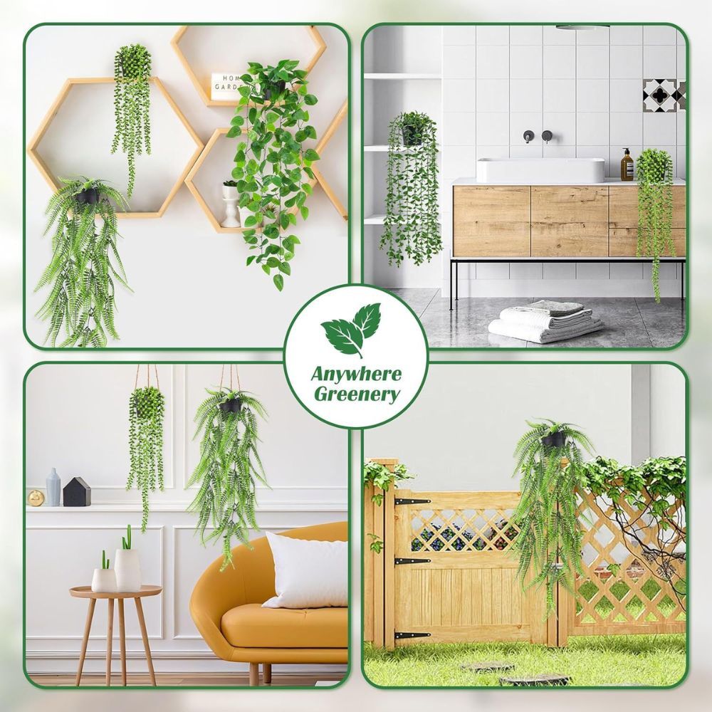 Artificial Hanging Mandevilla Plant with Pot, Fake Trailing Green Vine Potted Plant, Low Maintenance Faux Greenery for Indoor Wall Balcony Home Decor