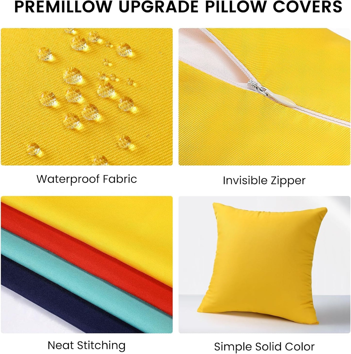 Outdoor Pillow Covers Set of 2, Decorative Farmhouse Waterproof Pillow Covers, Solid Linen Pillowcase Cushion Covers for Patio Garden Balcony Couch Sofa 18x18 inch, Yellow