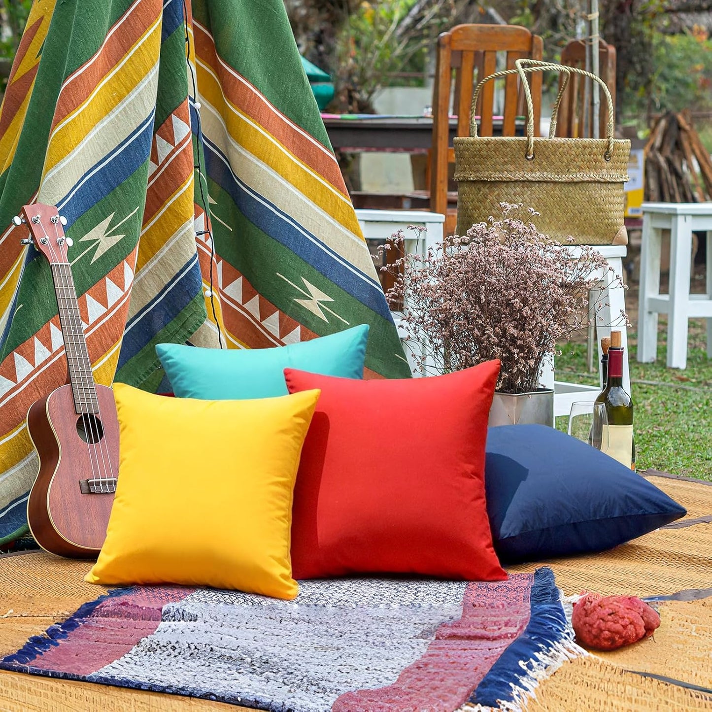 Outdoor Pillow Covers Set of 2, Decorative Farmhouse Waterproof Pillow Covers, Solid Linen Pillowcase Cushion Covers for Patio Garden Balcony Couch Sofa 18x18 inch, Yellow