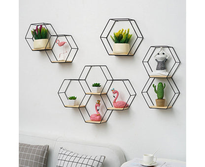 Nordic Hexagonal Iron Stand Small Pot Wall Holder Home Shelf Storage Holder-Golden M