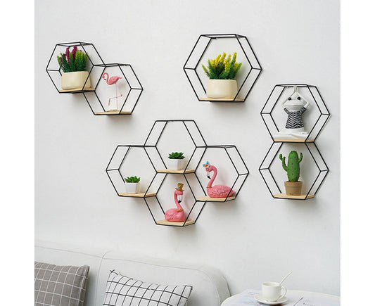Nordic Hexagonal Iron Stand Small Pot Wall Holder Home Shelf Storage Holder-Golden M