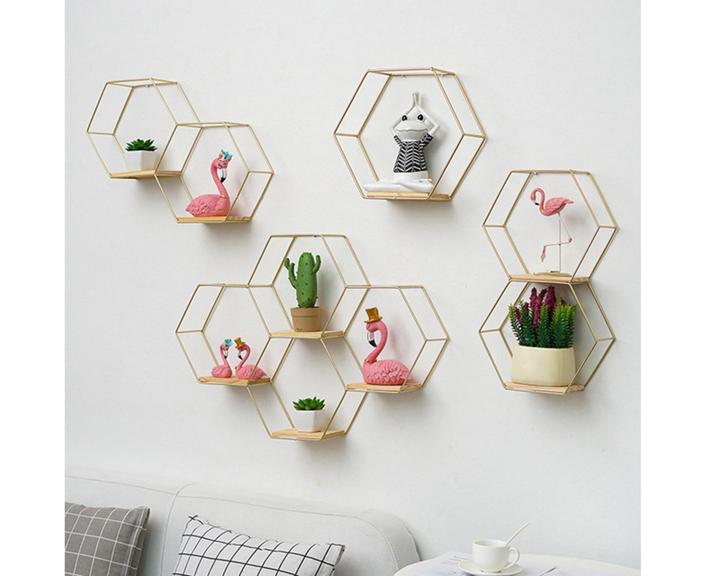 Nordic Hexagonal Iron Stand Small Pot Wall Holder Home Shelf Storage Holder-Golden M