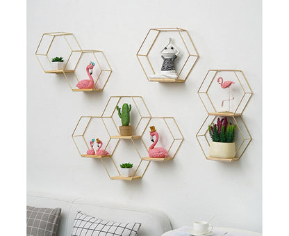 Nordic Hexagonal Iron Stand Small Pot Wall Holder Home Shelf Storage Holder-Golden M