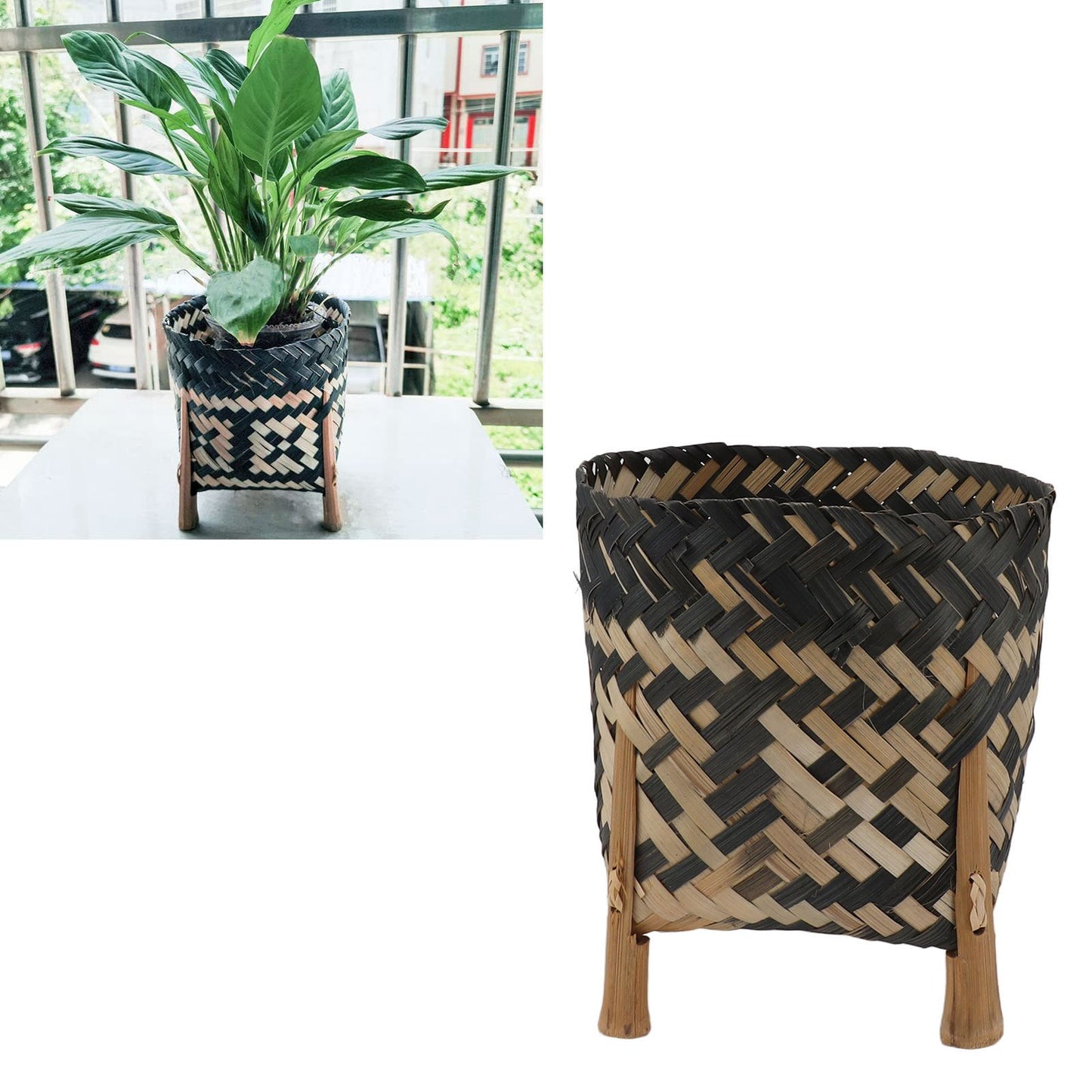 Plant Basket Northern Europe Style Bamboo Weaving Plant Pot Handwoven Indoor Outdoor Storage Organizer Plant Holder