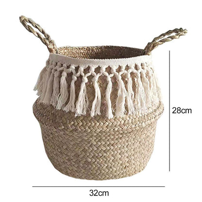 Natural Seagrass Storage Basket Foldable Woven Laundry Basket Handmade Straw Basket