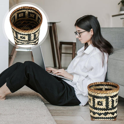Bamboo Woven Trash Can Wicker Waste Basket Office Garbage Cans Round Waste Paper Bin Rubbish Basket Plant Flower Pot for Under