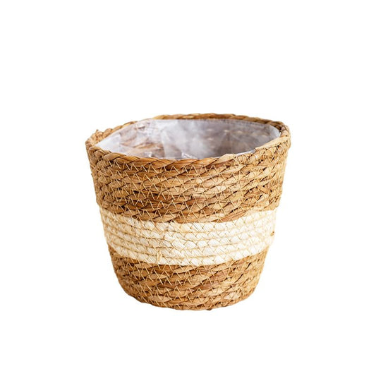 Seagrass Round Flower Pot Basket Planter with Plastic Liner Indoor，for clothes,baby toys, home supplies, picnic, grocery baskets