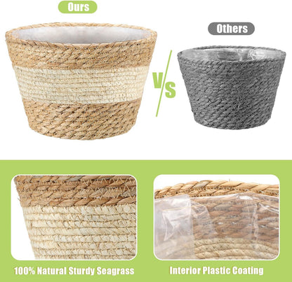 Seagrass Round Flower Pot Basket Planter with Plastic Liner Indoor，for clothes,baby toys, home supplies, picnic, grocery baskets
