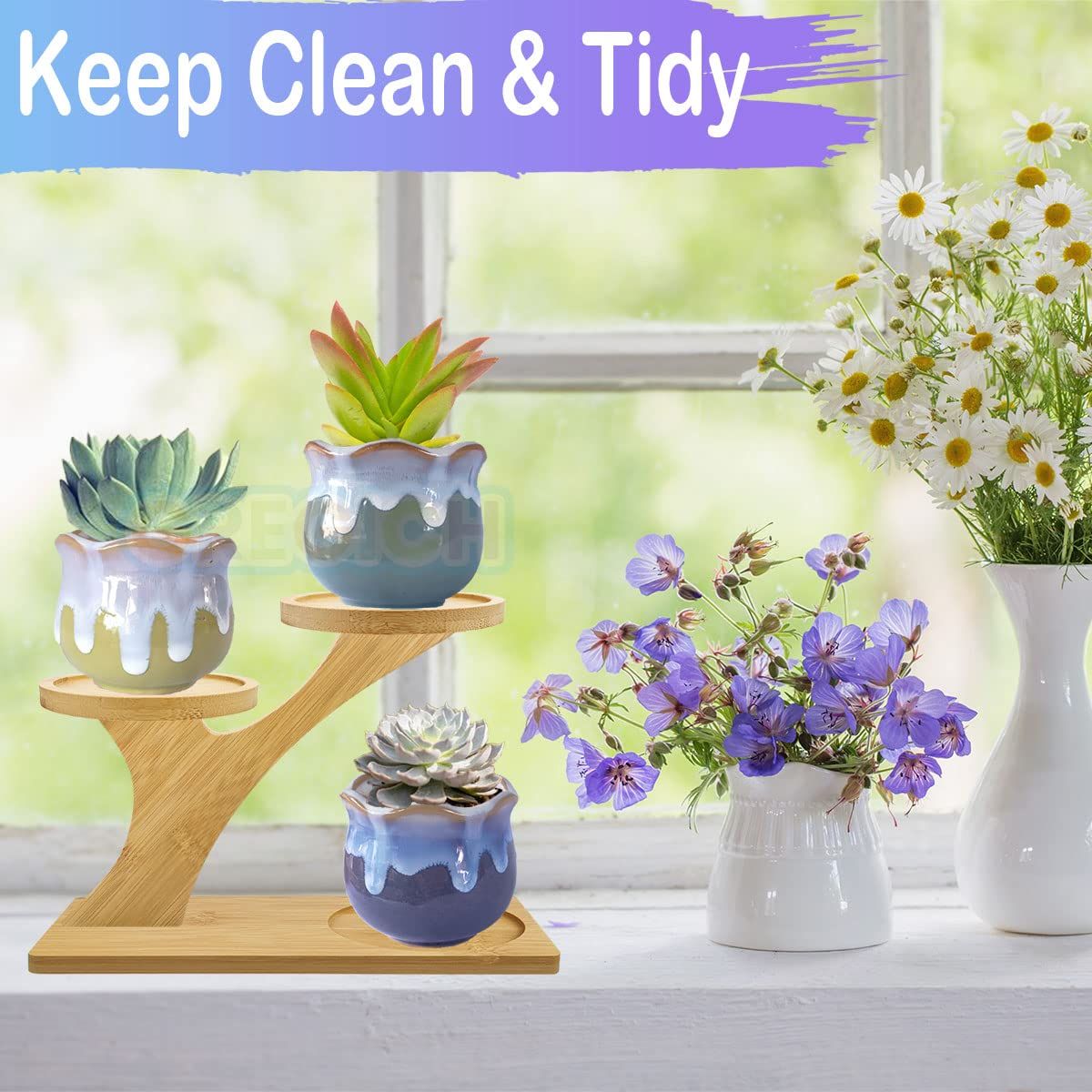 Small Tabletop Succulent Plant Stands for Desk Window Sill, Mini Desktop Bamboo Plant Stands for Indoors Plants Shelf