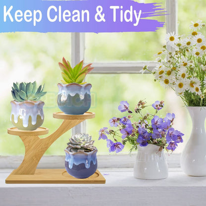 Small Tabletop Succulent Plant Stands for Desk Window Sill, Mini Desktop Bamboo Plant Stands for Indoors Plants Shelf