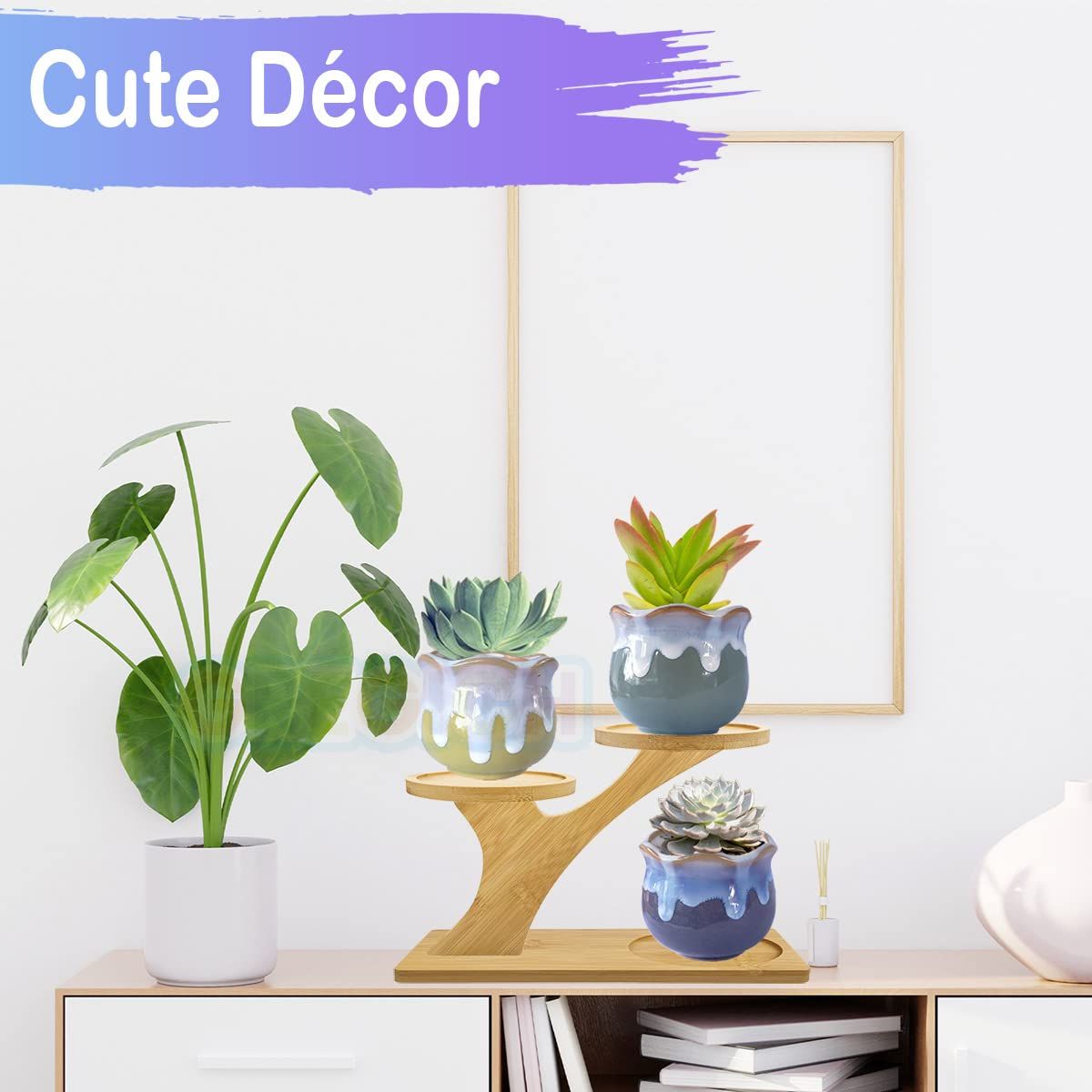 Small Tabletop Succulent Plant Stands for Desk Window Sill, Mini Desktop Bamboo Plant Stands for Indoors Plants Shelf
