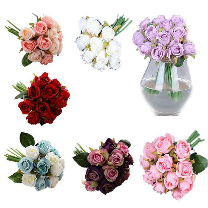 12 Heads Silk Rose Artificial Flowers Fake Bouquet - pink