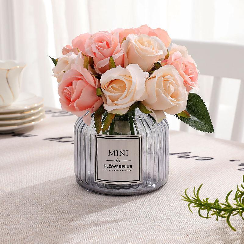 12 Heads Silk Rose Artificial Flowers Fake Bouquet - pink