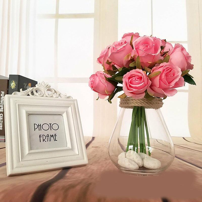 12 Heads Silk Rose Artificial Flowers Fake Bouquet - pink