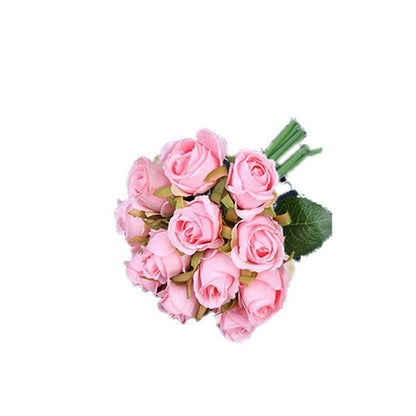 12 Heads Silk Rose Artificial Flowers Fake Bouquet - pink