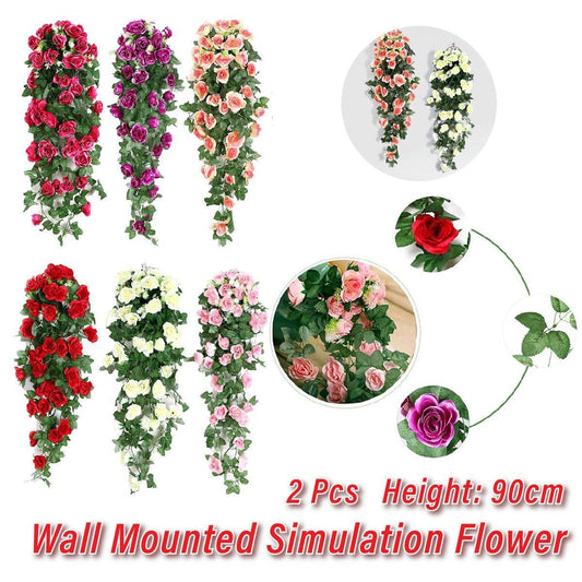 2PCS Artificial Rose Flower Garland Hanging Vine Home Wall Decor Fake Rattan - Red