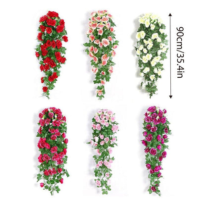 2PCS Artificial Rose Flower Garland Hanging Vine Home Wall Decor Fake Rattan - Red