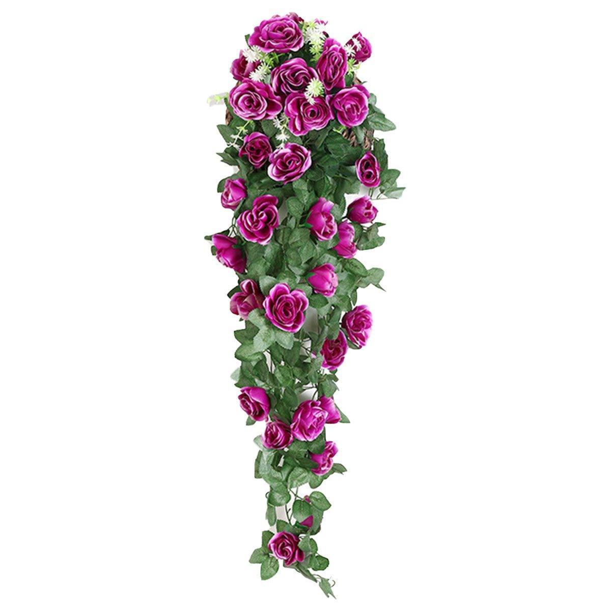 2PCS Artificial Rose Flower Garland Hanging Vine Home Wall Decor Fake Rattan - Red