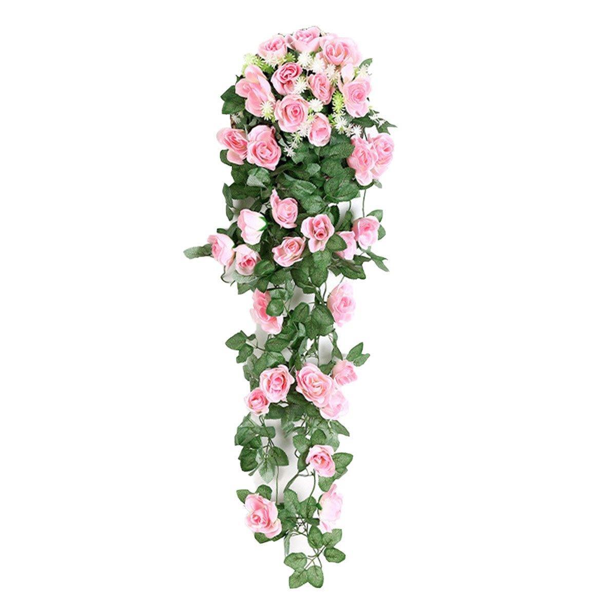 2PCS Artificial Rose Flower Garland Hanging Vine Home Wall Decor Fake Rattan - Red